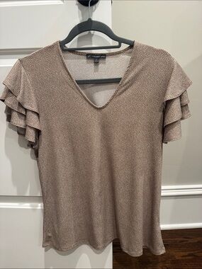 Adrianna Papell Taupe Microdot V-Neck Ruffle Sleeve Blouse
